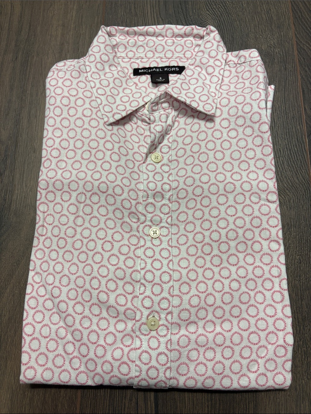 Michael Kors Men’s Linen Geometric Print Shirt Pink White S